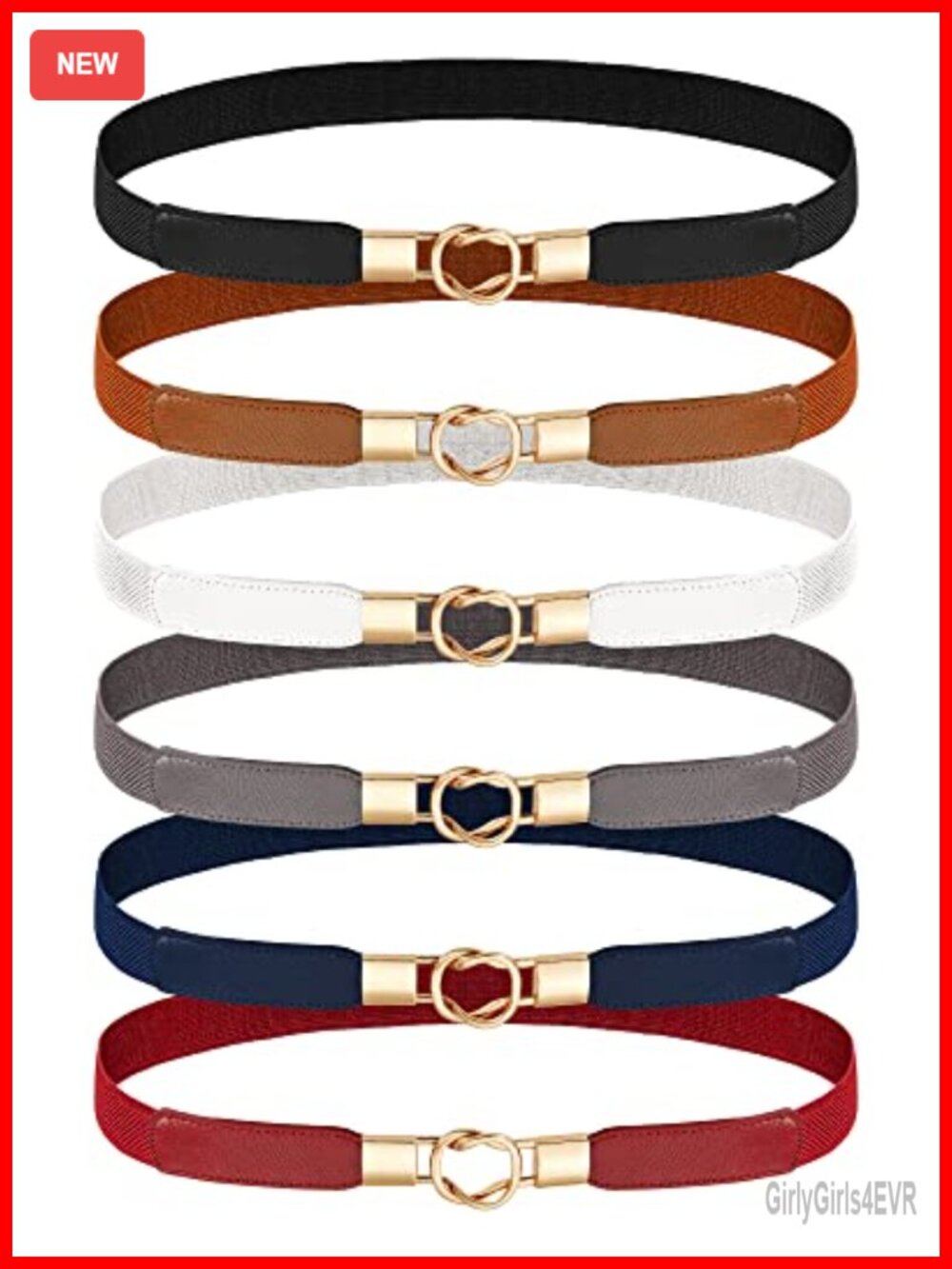 6 Pack Skinny Elastic Waist Belts for Women Stretch Retro Dress Belt
